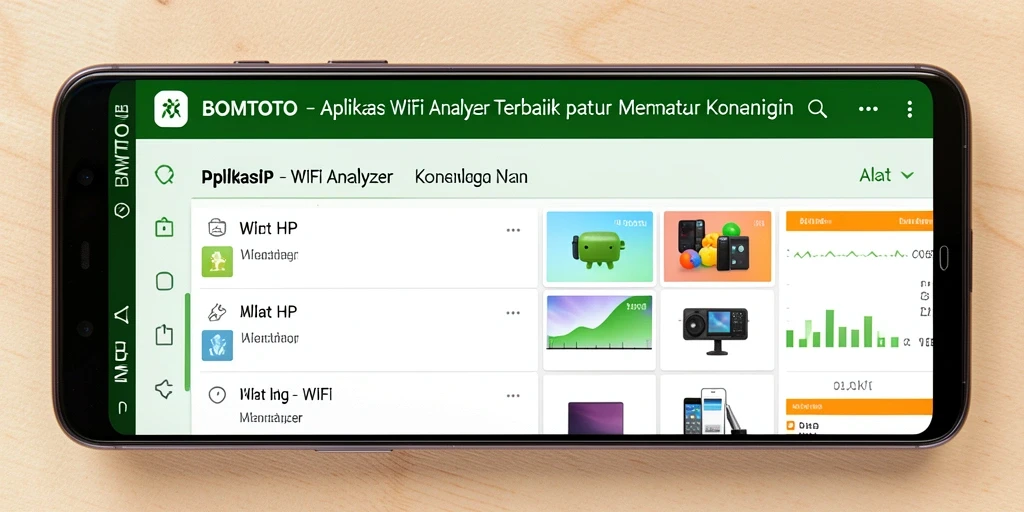 Screenshot aplikasi BOMTOTO menunjukkan tampilan antarmuka WiFi Analyzer yang informatif.