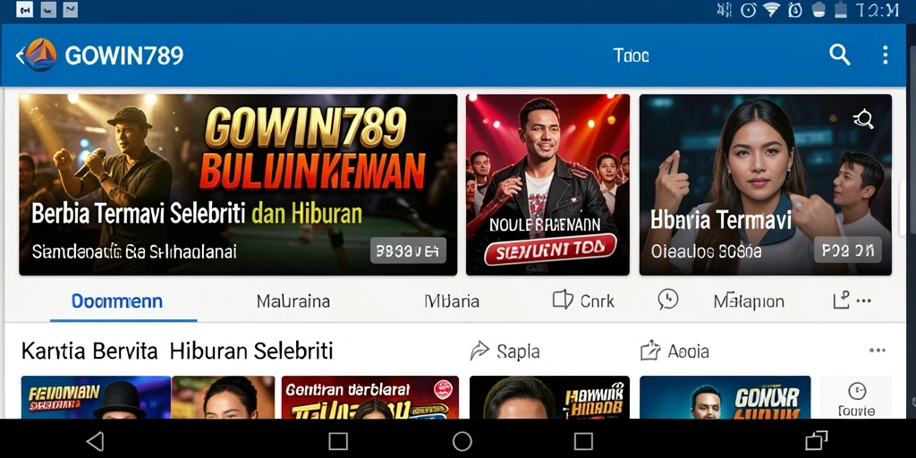 Tampilan antarmuka aplikasi GOWIN789 dengan berita hiburan terbaru.