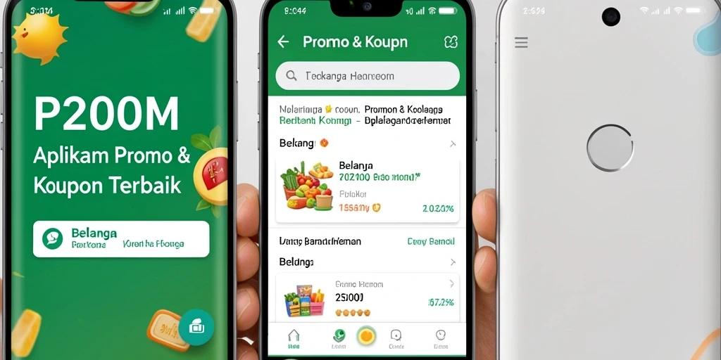 Screenshot antarmuka aplikasi P200M menampilkan berbagai kupon menarik.